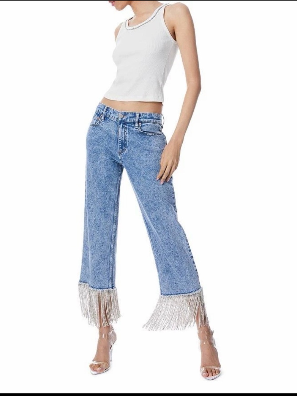 Alice + Olivia | boyfriend amazing crystal embellished fringe jeans size 29